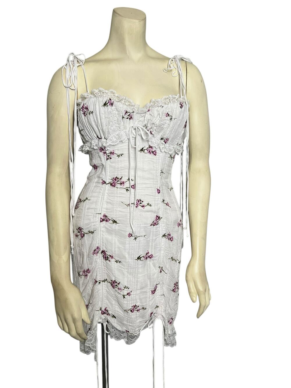 Floral Coquette Cottagecore Dress Girly Romantic Mini Lace Trim M Romantic